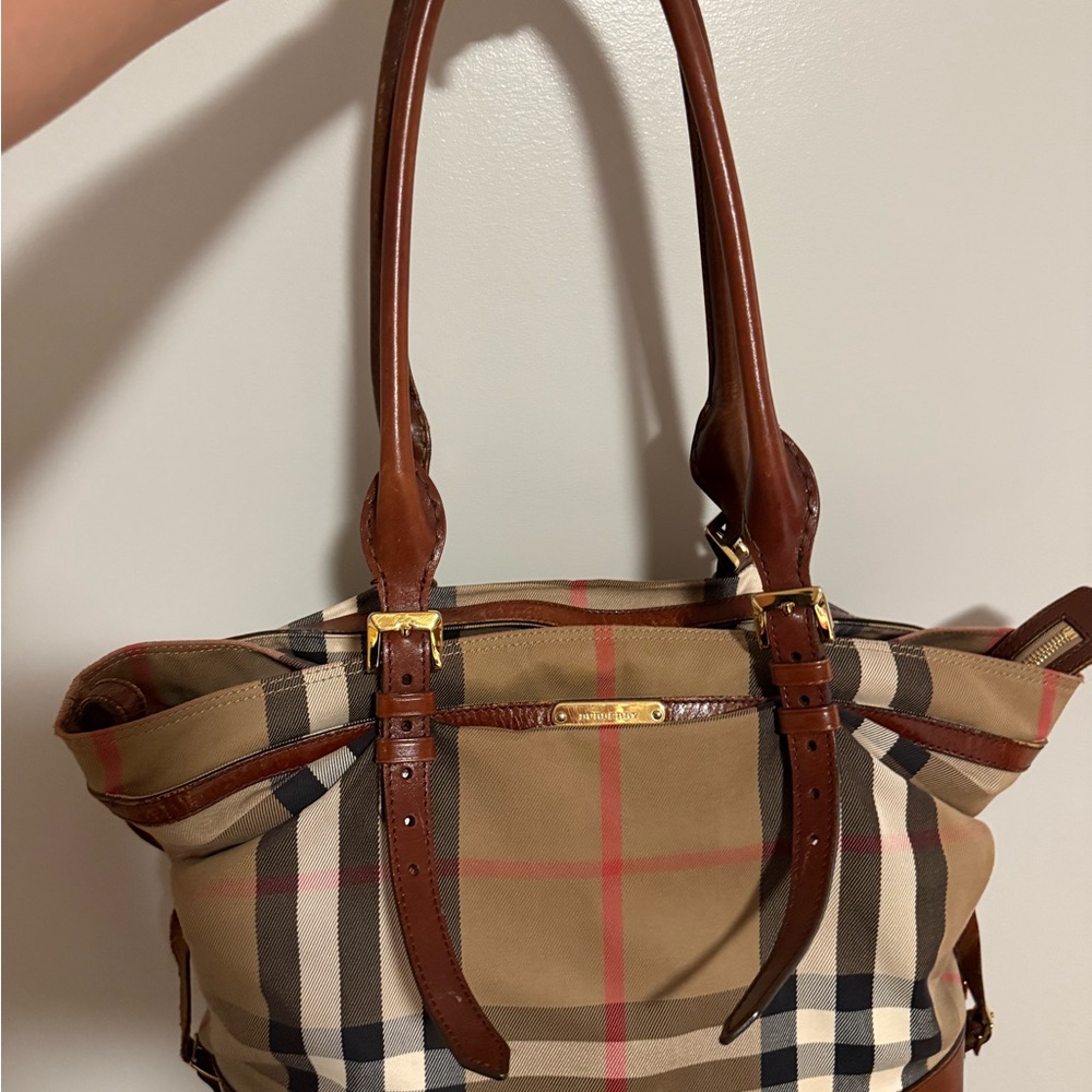 Burberry Tan and Brown Tote/Diaper Bag with Iconic Check Pattern